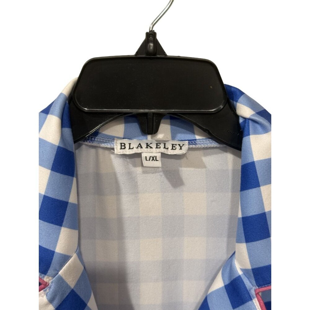 Blue & White Checkered Pajama Set With pink Piping By Blakeley L/XL Button-Up To - Picture 3 of 6